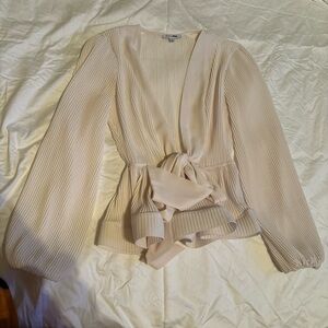 Fashion Nova Cream Pleated Blouse with Bow
